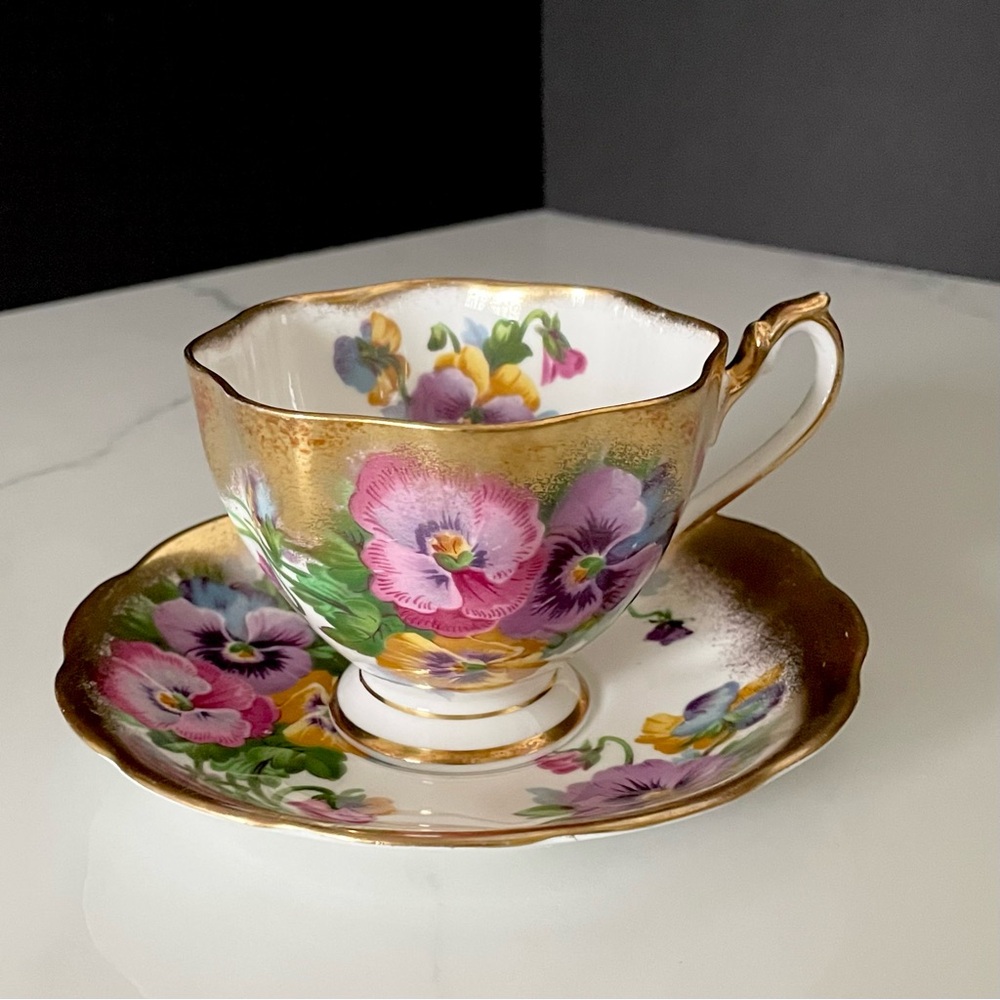 "Spring Melody" Gold Pansies Cup & Saucer - Queen Anne's China